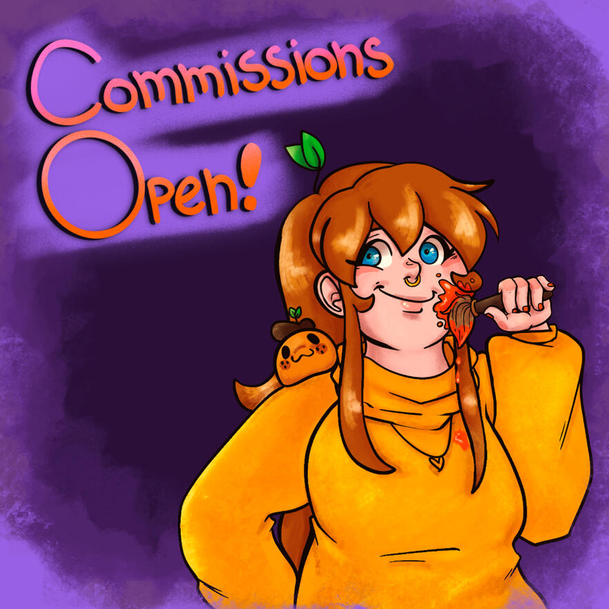 "Commissions Open" Image with character standing under sign